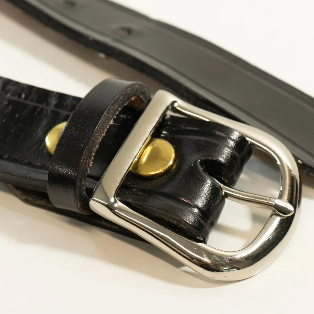 Vintage Black Leather Cowboy Belt Western Silver Tone Brass Buckle Heritage Belt